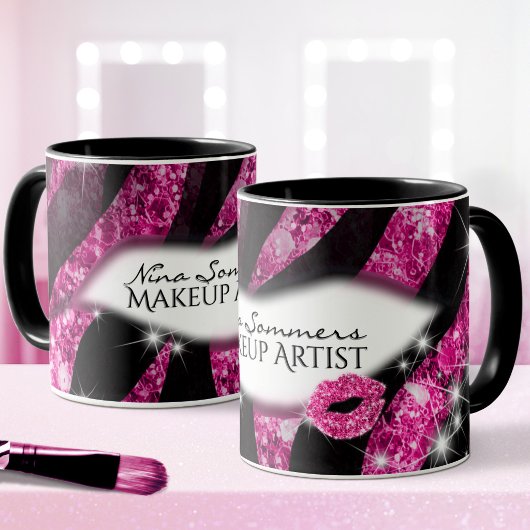 Visagist Glam Roze Glitter Lippen Zebraprint Mok