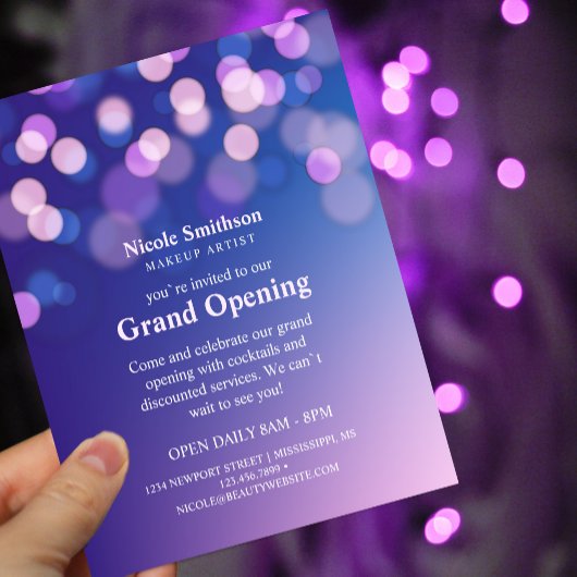 Visagist Purple Sparkles Glam Grand Opening Flyer