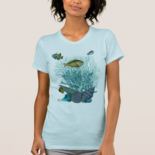 Visblauwe schalen en koralen t-shirt (Voorkant)