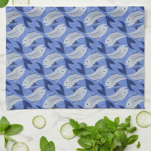 Visblokprint - blauw theedoek (Gevouwen)