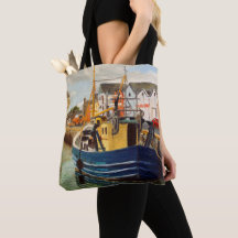 Visboot bij haven tote bag