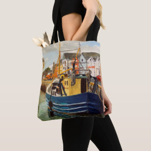 Visboot bij haven tote bag