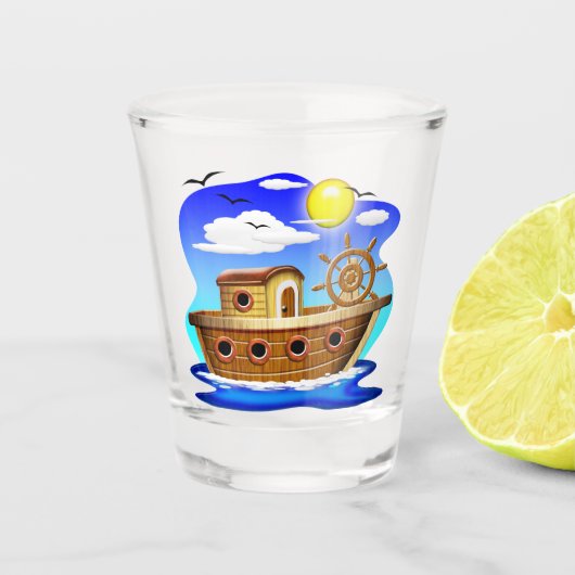 Visboot Cartoon Shot Glas (Voorkant)
