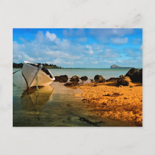 Visboot op Mauritiaans strand met eiland Briefkaart