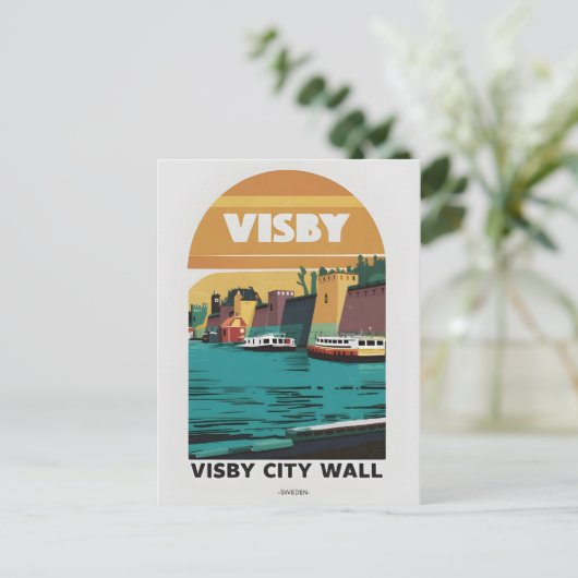  Visby City Wall Briefkaart – Retro Zweeds C (Staand voorkant)