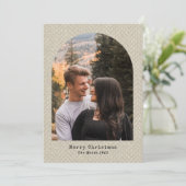 visgraat beige tweed kerst foto boog feestdagenkaart (Staand voorkant)