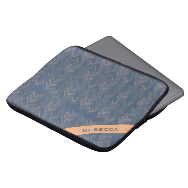 Visgraat Chevron Patroon Retro Blue Persoonlijk Laptop Sleeve (Voorkant top)