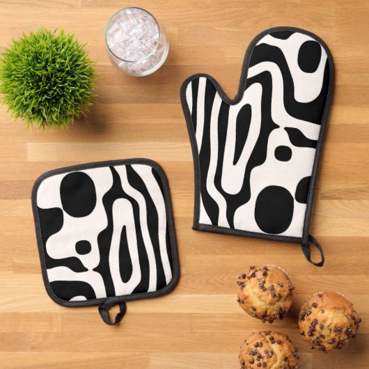 Visie Grip: Abstract Zwart & Wit Ovenwant & Pannenlap Set (Top down)