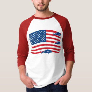 Visintie Stijl Vissen Amerikaanse Vlag Rood Blauw T-shirt
