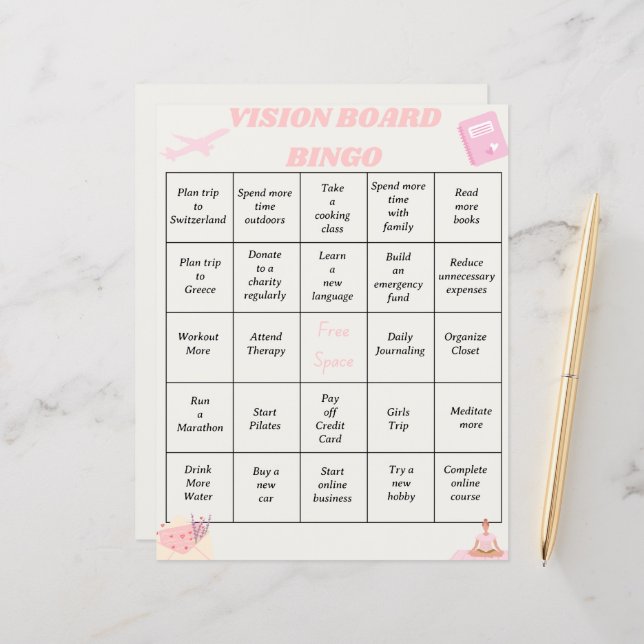 Vision Board Bingo Goals Sheet (Voorkant / Achterkant in situ)
