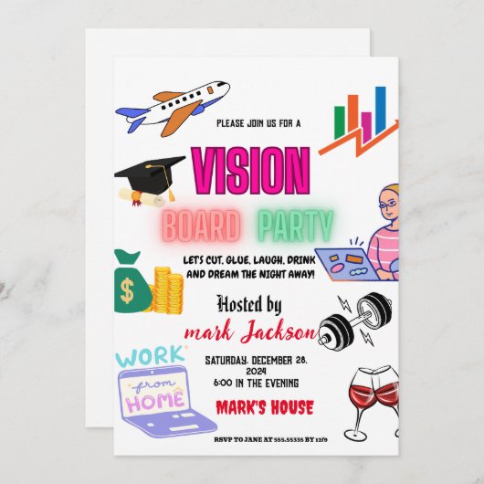 Vision Board Party Uitnodiging, Droomvisie Kaart (Voorkant / Achterkant)