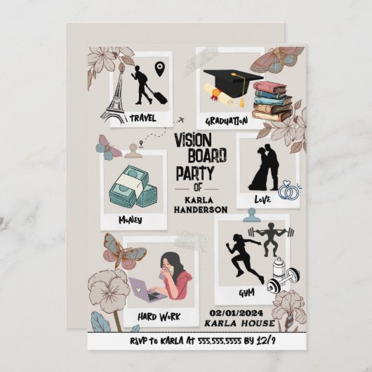Vision Board Party Uitnodiging, Droomvisie Uitnodi Kaart (Voorkant / Achterkant)