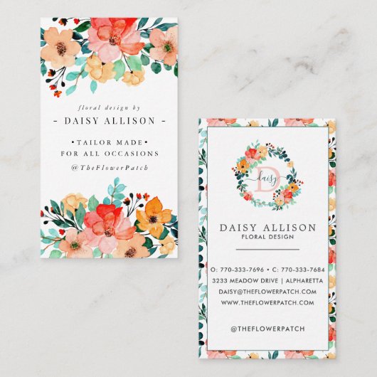 Visitekaartje Bright Waterverf Summer Flowers (Voorkant / Achterkant)