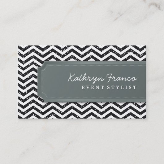 VISITEKAARTJE Chevron Stripe Black Glitter Effect (Voorkant)