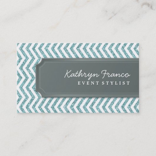 VISITEKAARTJE Chevron Stripe Blue Glitter Effect (Voorkant)