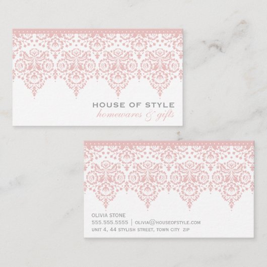 VISITEKAARTJE classy damask bord roze (Voorkant / Achterkant)