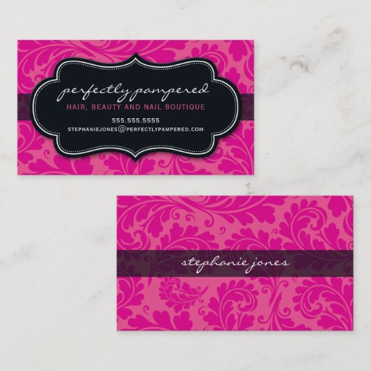 VISITEKAARTJE classy flourish fuschia roze zwart (Voorkant / Achterkant)