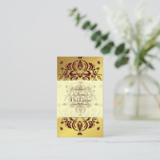Visitekaartje Crimson Floral Damask op goud (Staand voorkant)