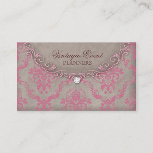  Visitekaartje Damask roze beige Antiek (Voorkant)
