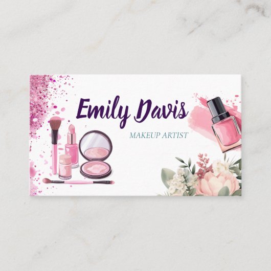 visitekaartje design make-up met roze glitter en (Voorkant)