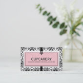 VISITEKAARTJE Elegant Damask Zwart Pastel Roze (Staand voorkant)