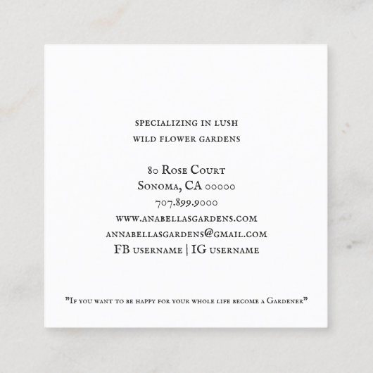 Visitekaartje Gardener Square (Achterkant)