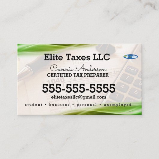 Visitekaartje Groene calculator Tax Company (Voorkant)