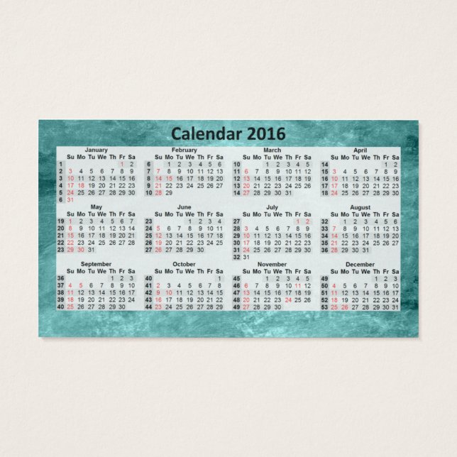 Visitekaartje Kalender 2016 Blauw Marbeled. (Achterkant)