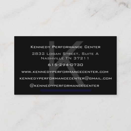 Visitekaartje Kennedy Performance Center (Achterkant)