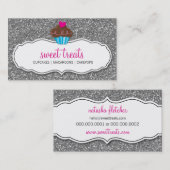 VISITEKAARTJE leuke cupcake roze zilveren glitter (Voorkant / Achterkant)