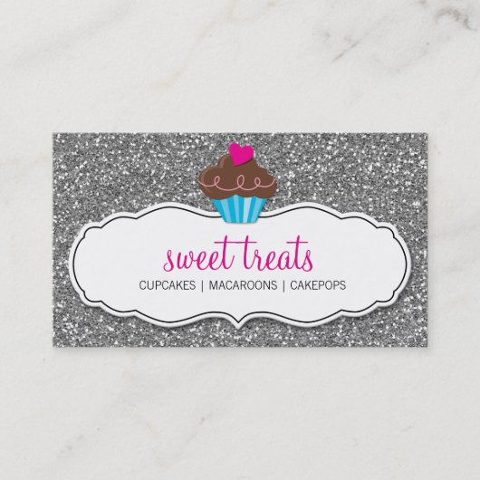 VISITEKAARTJE leuke cupcake roze zilveren glitter (Voorkant)