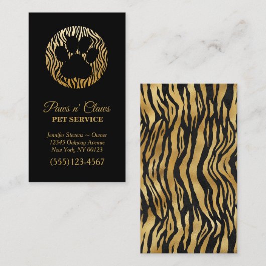 Visitekaartje Lux Gold Tiger Print Paw Pet Service (Voorkant / Achterkant)