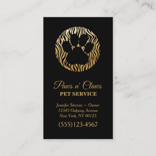 Visitekaartje Lux Gold Tiger Print Paw Pet Service (Voorkant)