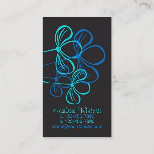 visitekaartje, mammie kaart helder blauw op zwart contactkaartje (Voorkant)