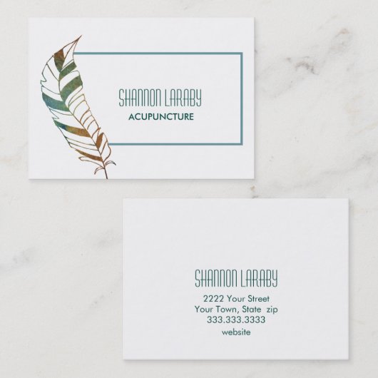 Visitekaartje met blauwgroen veren (Voorkant / Achterkant)