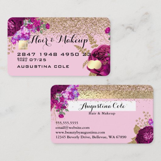 Visitekaartje met Floral en Glitter-creditcard (Voorkant / Achterkant)