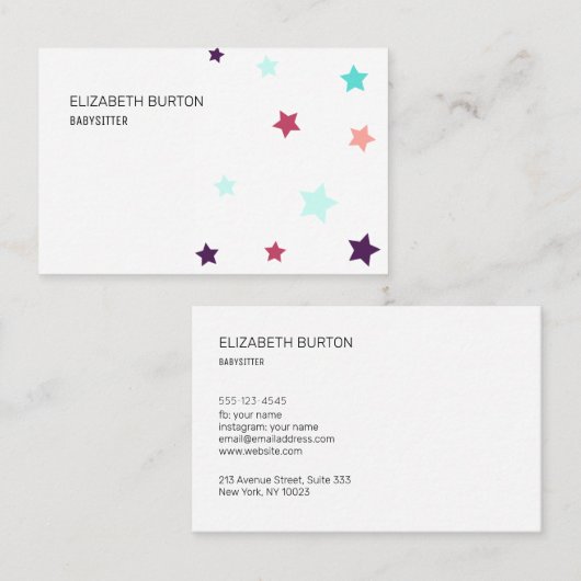 Visitekaartje met gekleurde sterren. (Voorkant / Achterkant)