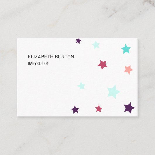 Visitekaartje met gekleurde sterren. (Voorkant)