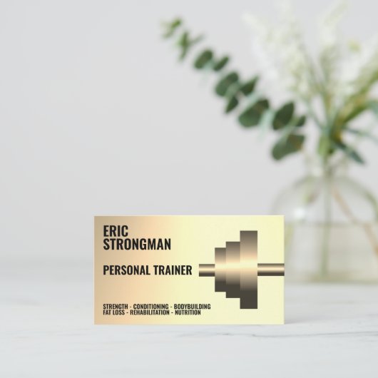 Visitekaartje met goudmetallische dumbbels (Staand voorkant)