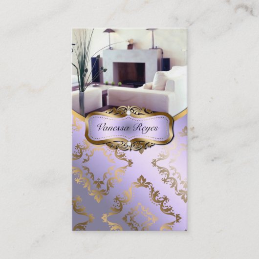Visitekaartje met lavender en Gold Damask-foto (Voorkant)