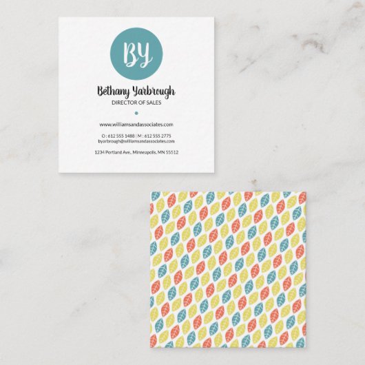 Visitekaartje met modern blauw, koraal en gele bla (Voorkant / Achterkant)