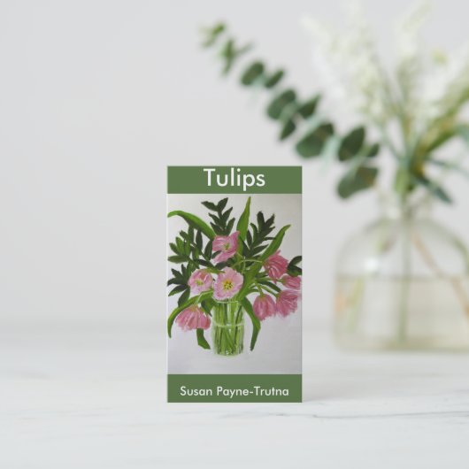 Visitekaartje met roze tulpen (Staand voorkant)