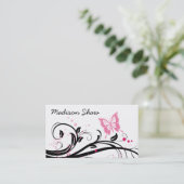 visitekaartje met zwarte en roze vlinder (Staand voorkant)