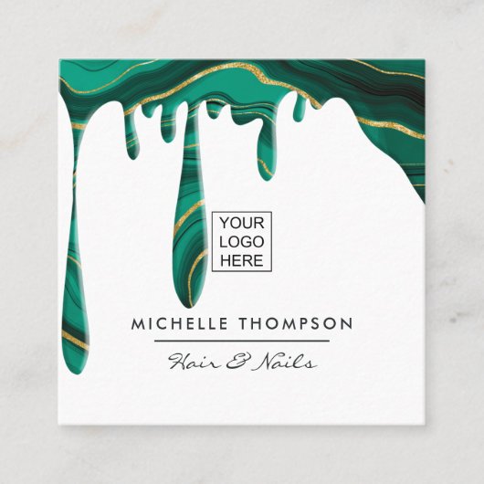 Visitekaartje op vierkant inkepend groen en goudgr (Voorkant)