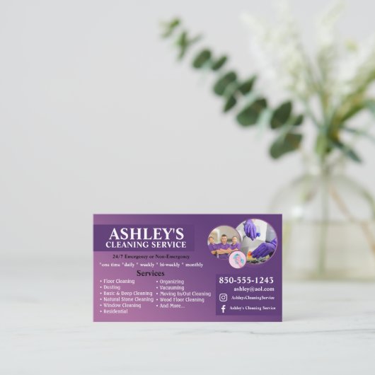 Visitekaartje Paarse reinigingsservice (Staand voorkant)