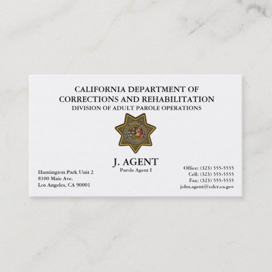 Visitekaartje Parole Agent (Voorkant)