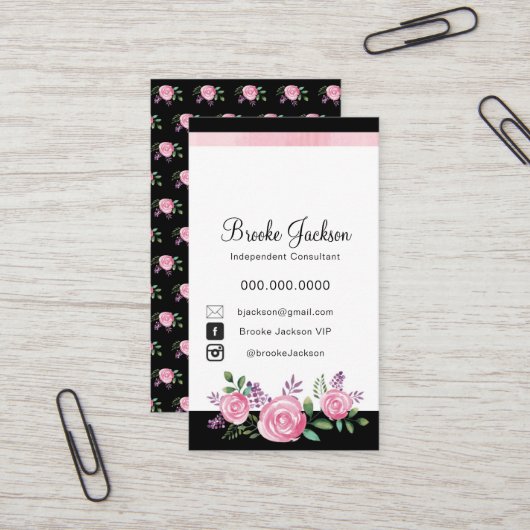 Visitekaartje | Roze bloemen met zwarte achtergron (Voorkant / Achterkant in situ)