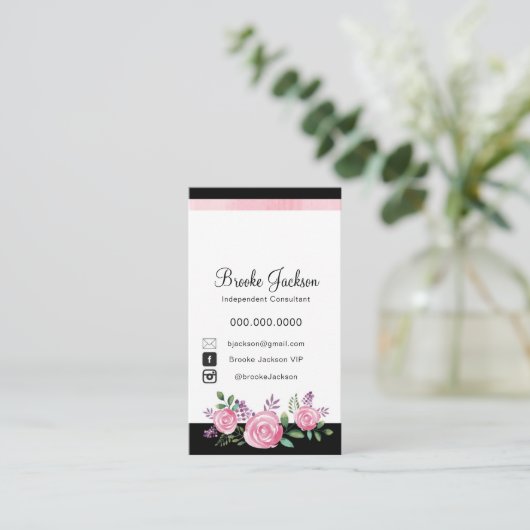 Visitekaartje | Roze bloemen met zwarte achtergron (Staand voorkant)