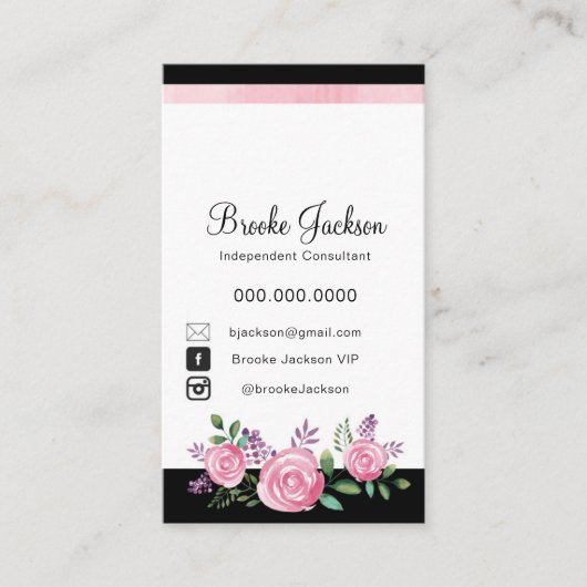 Visitekaartje | Roze bloemen met zwarte achtergron (Voorkant)