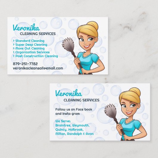 Visitekaartje schoonmaakdiensten voor dienstmeisje (Voorkant / Achterkant)